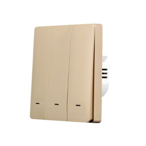 SmartWise BRGD3, a 3-button wireless RF wall switch, with gold colour front panel